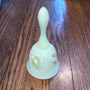 Fenton Uranium green satin glass handpainted pink floral bell Nancy Gribble